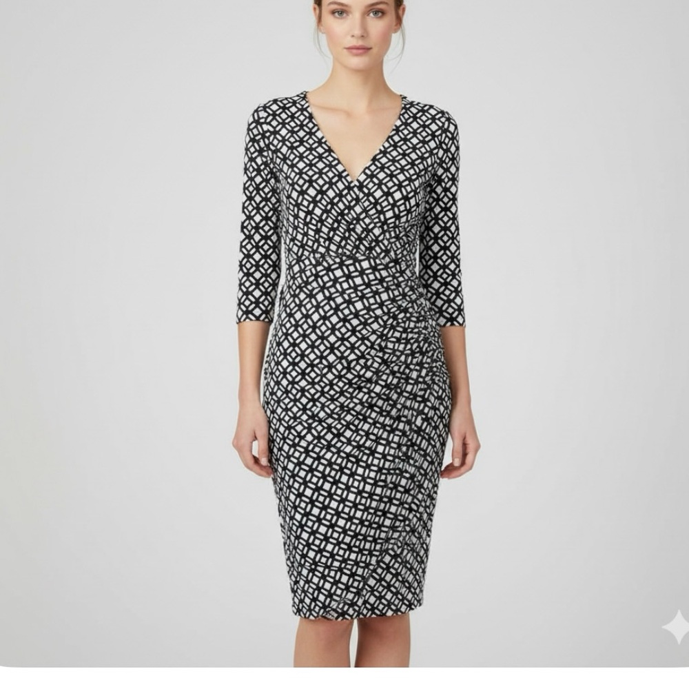 Ralph Lauren Navy Blue Geo Faux Wrap 3/4 Sleeve Stretch Sheath Dress Size‎ 2